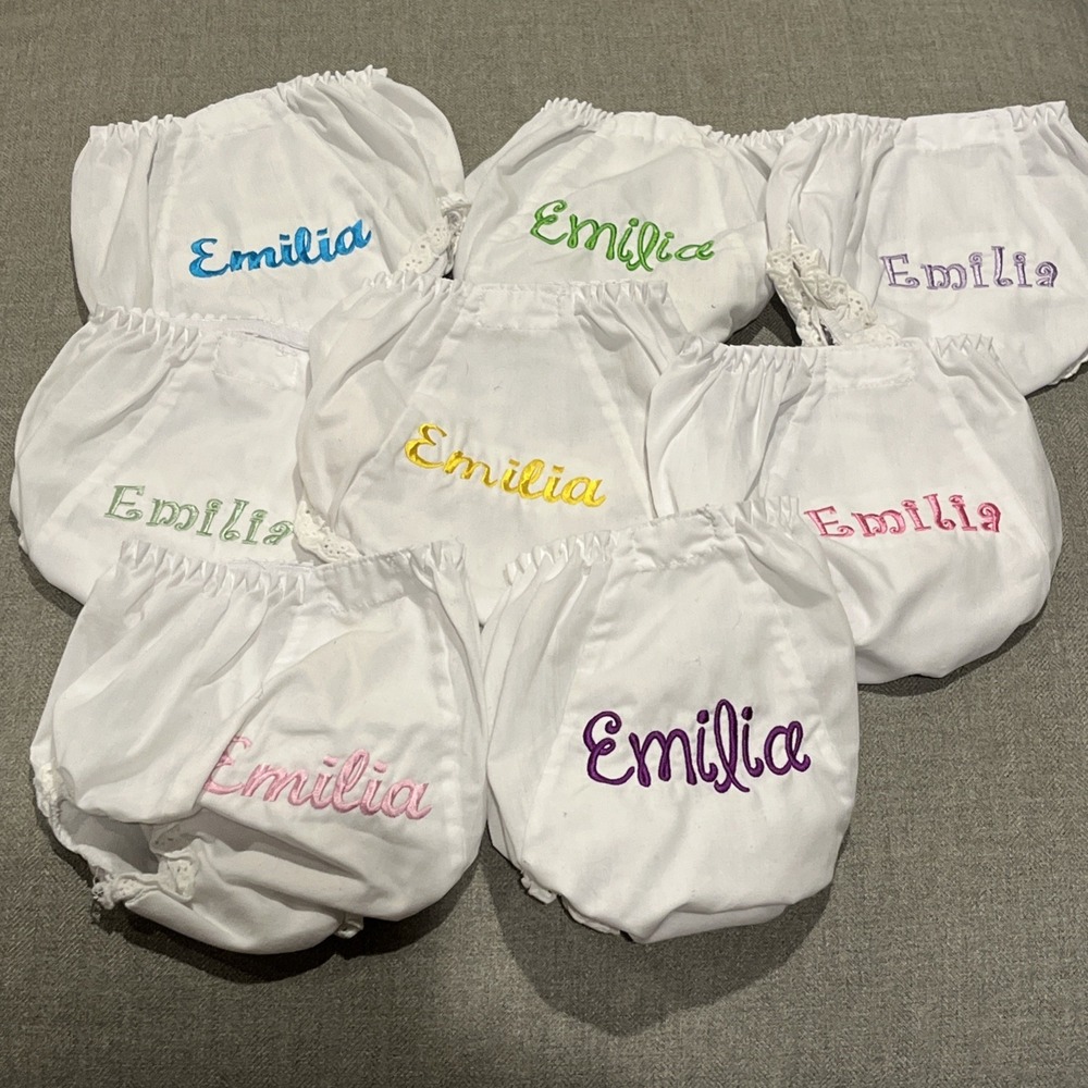 Monogrammed Emilia Baby Bloomers Size 2 +4 White Lace Trim, Set Of 8, New